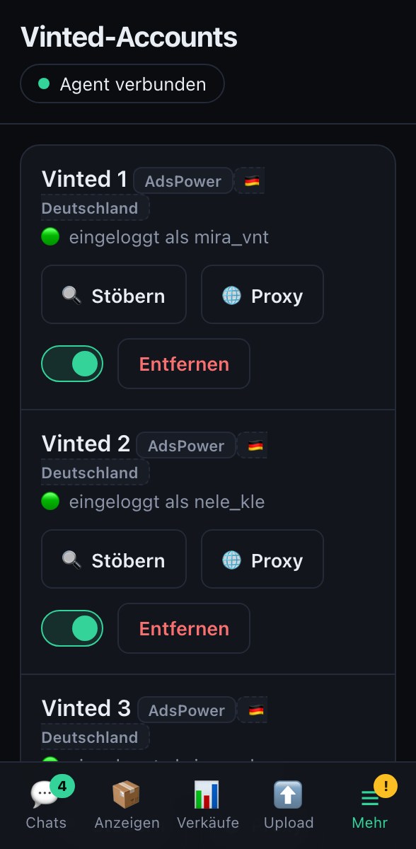 VintPilot-Dashboard: drei verbundene Vinted-Konten, jedes mit eigenem Browser