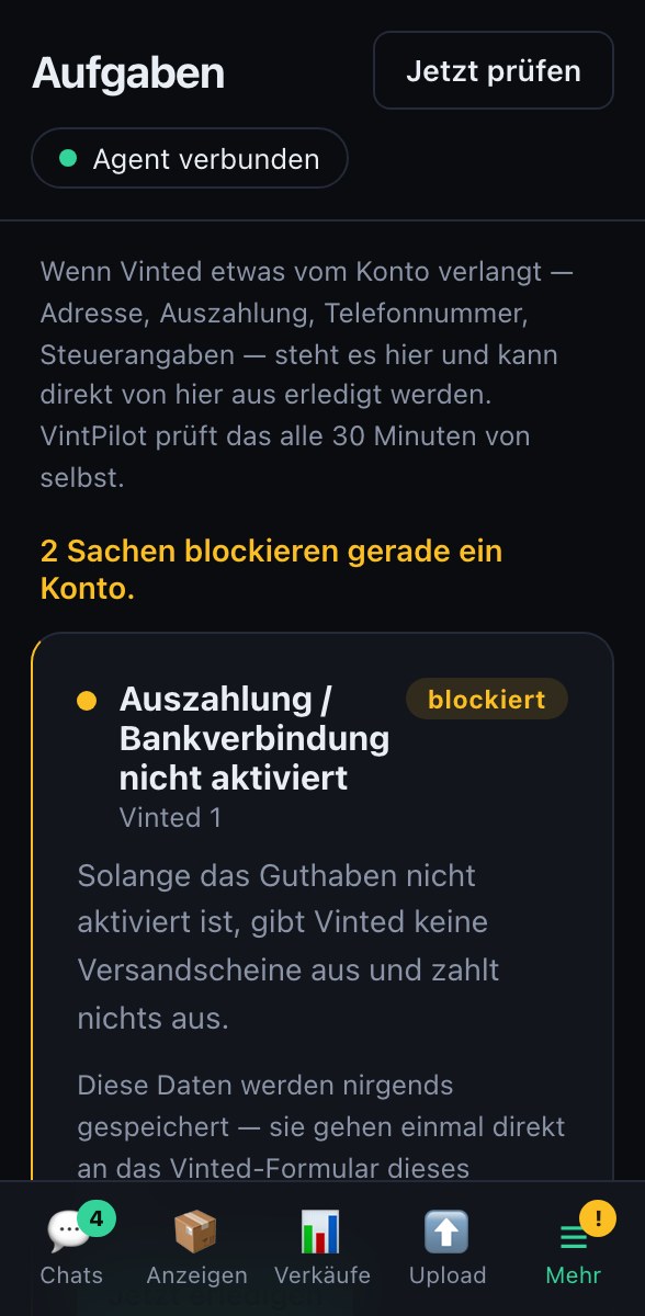 VintPilot-Dashboard: offene Konto-Aufgaben wie fehlende Adresse oder Auszahlung