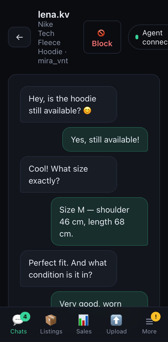 An open chat: reply, make an offer, block the buyer.