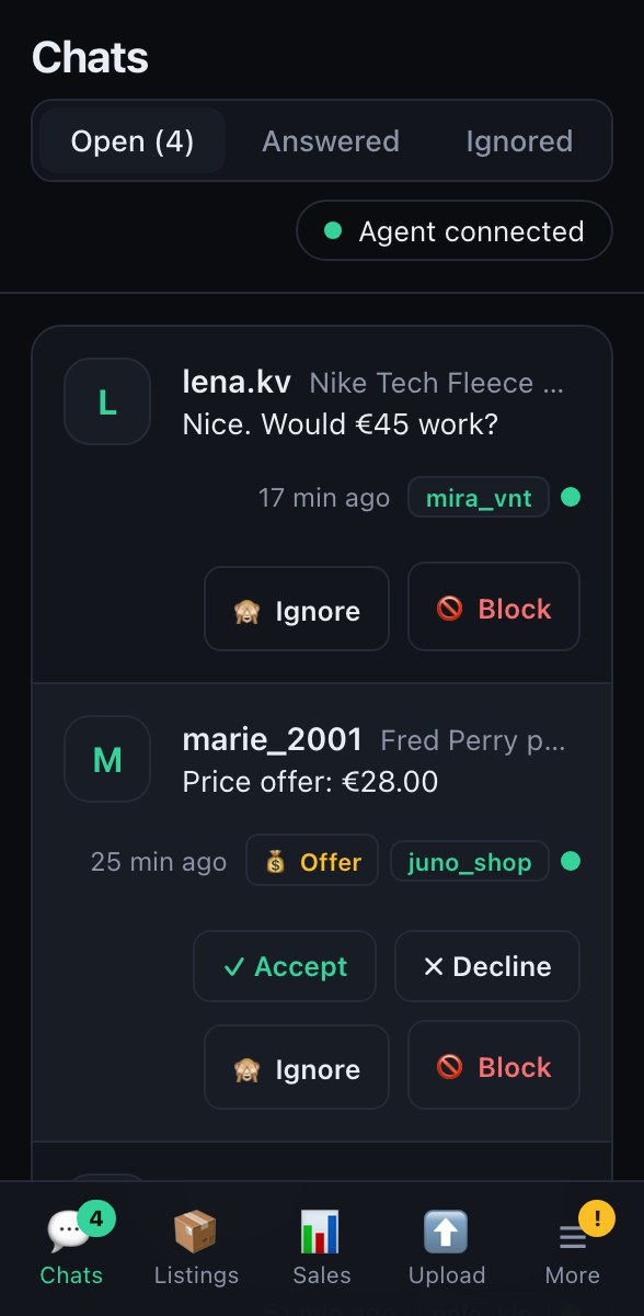 VintPilot on a phone: chats from all Vinted accounts in one list