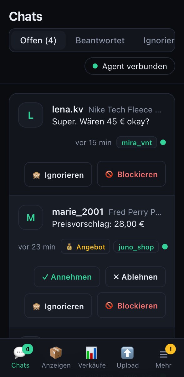VintPilot auf dem Handy: Chats aller Vinted-Konten in einer Liste