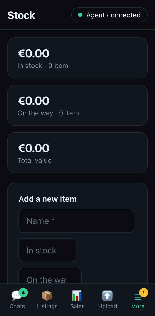 VintPilot dashboard: stock split into in-stock and on-the-way