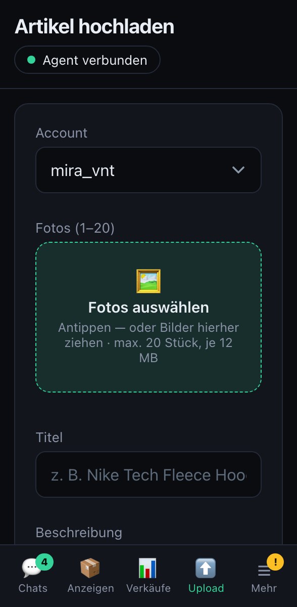 VintPilot-Dashboard: Artikel vom Handy hochladen mit Fotos, Titel, Preis und Konto