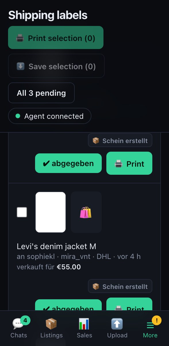 VintPilot dashboard: outstanding shipping labels with preview, status and batch printing