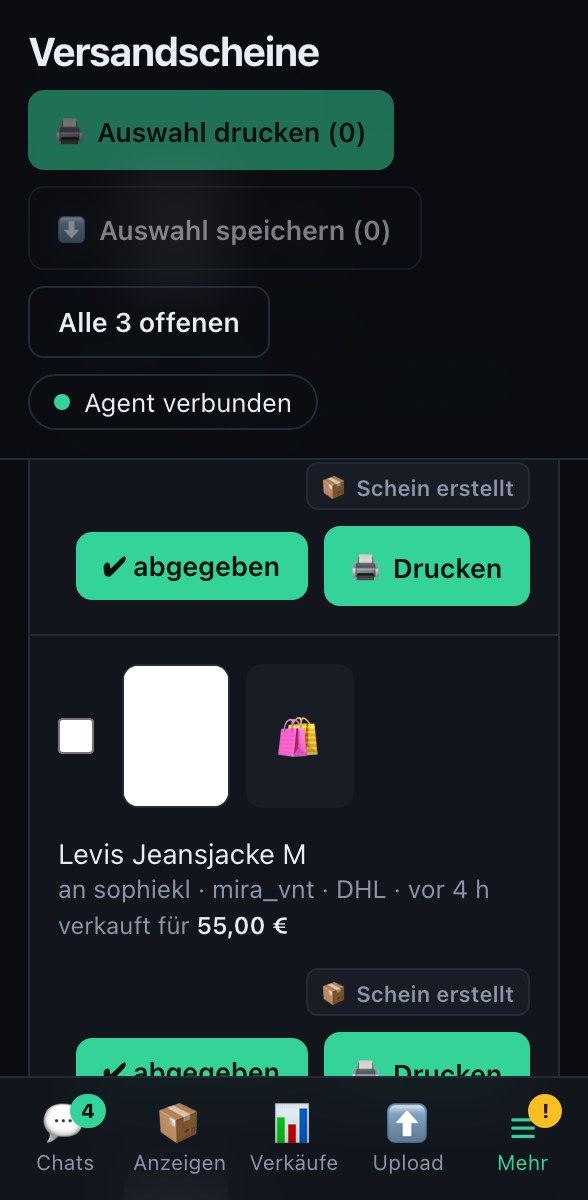 VintPilot-Dashboard: offene Versandscheine mit Vorschau, Status und Sammeldruck